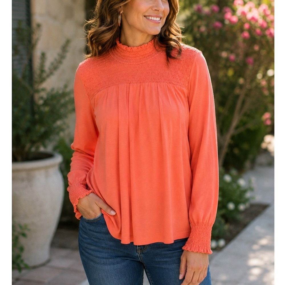 Soft Surroundings Smocked Top Women M Orange Exc Mock Neck Long Sleeve Blouse